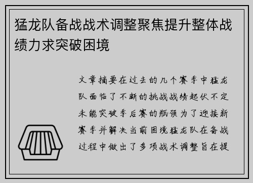 猛龙队备战战术调整聚焦提升整体战绩力求突破困境