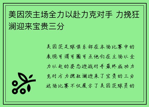 美因茨主场全力以赴力克对手 力挽狂澜迎来宝贵三分