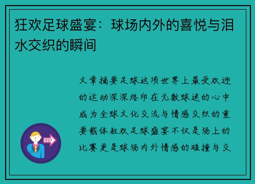 狂欢足球盛宴：球场内外的喜悦与泪水交织的瞬间