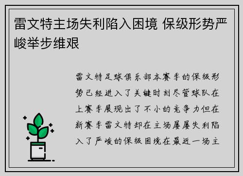 雷文特主场失利陷入困境 保级形势严峻举步维艰