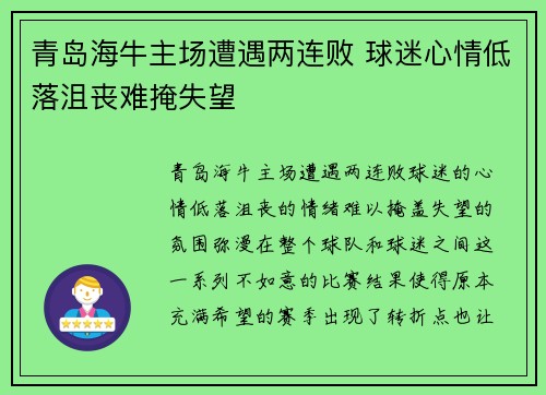 青岛海牛主场遭遇两连败 球迷心情低落沮丧难掩失望